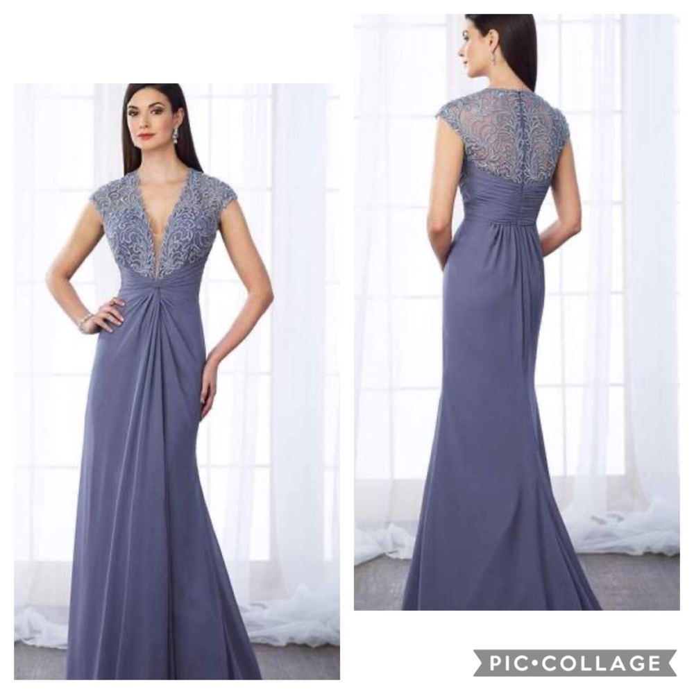 Cameron Blake by Mon Cheri embellished V-Neck cap sleeves long evening Gown